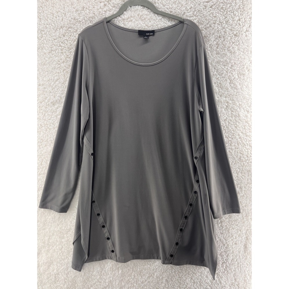 Sun Kim Women's Large Tunic Gray Minimalist Jersey‎ Stretch Effortless